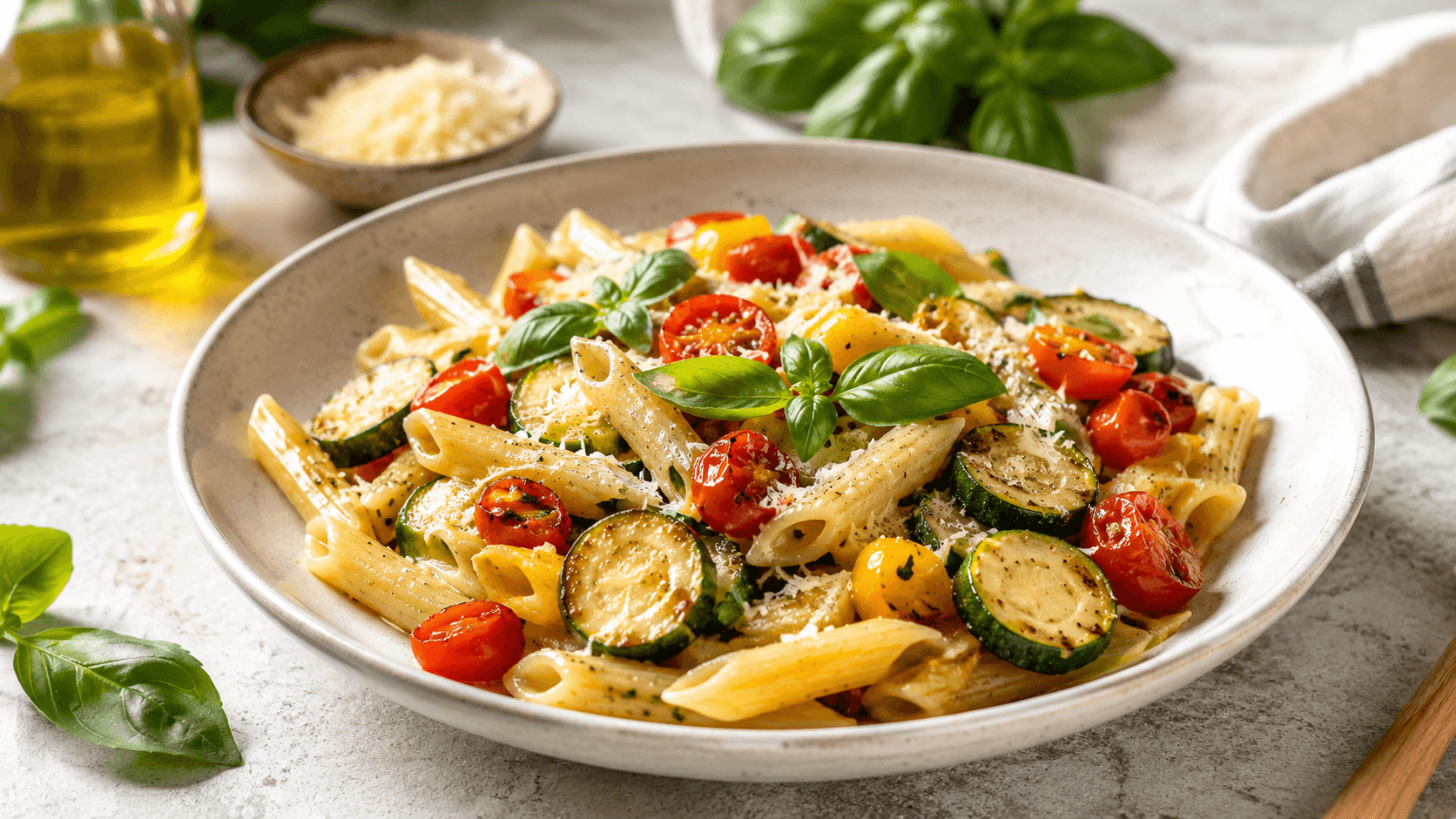Pasta italiane me kungulleshka, domate qershi dhe borzilok Pasta italiane me kungulleshka, domate qershi dhe borzilok